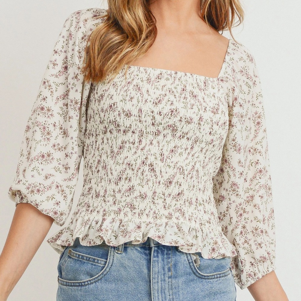 Long Sleeve Floral Peasant Smocked Peplum Top